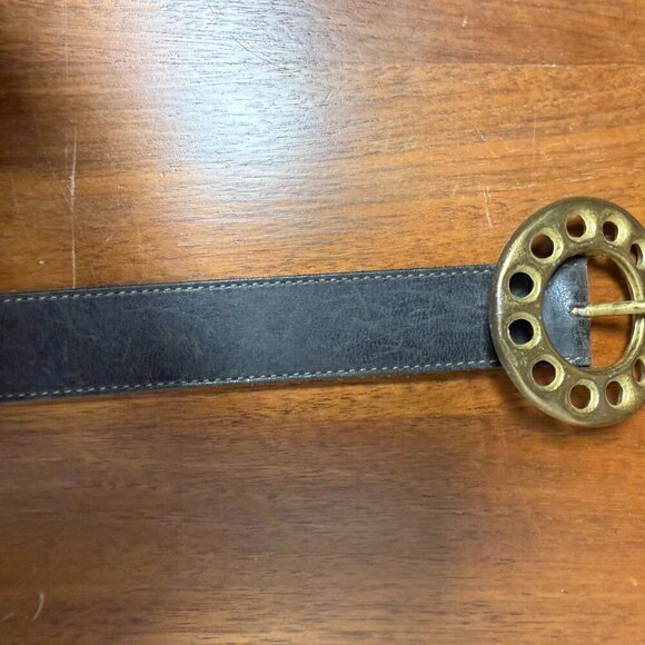 Vintage Hippy Black Belt, Brass Tone Buckle, Unisex - Picture 5 of 7